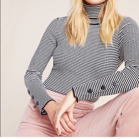 Anthropologie black white stripe turtleneck long sleeve button at sleeve shirt - Picture 1 of 16